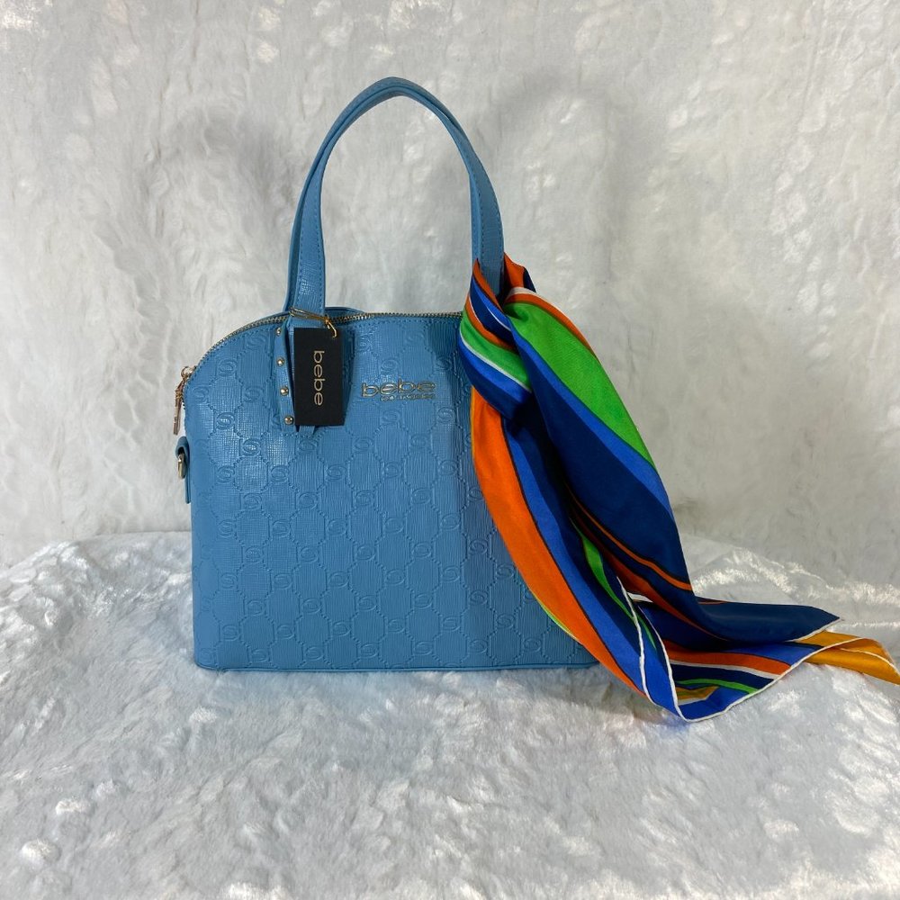 Bebe Womens Clarita Emboss Dome Sky Blue Handbag Satchel
